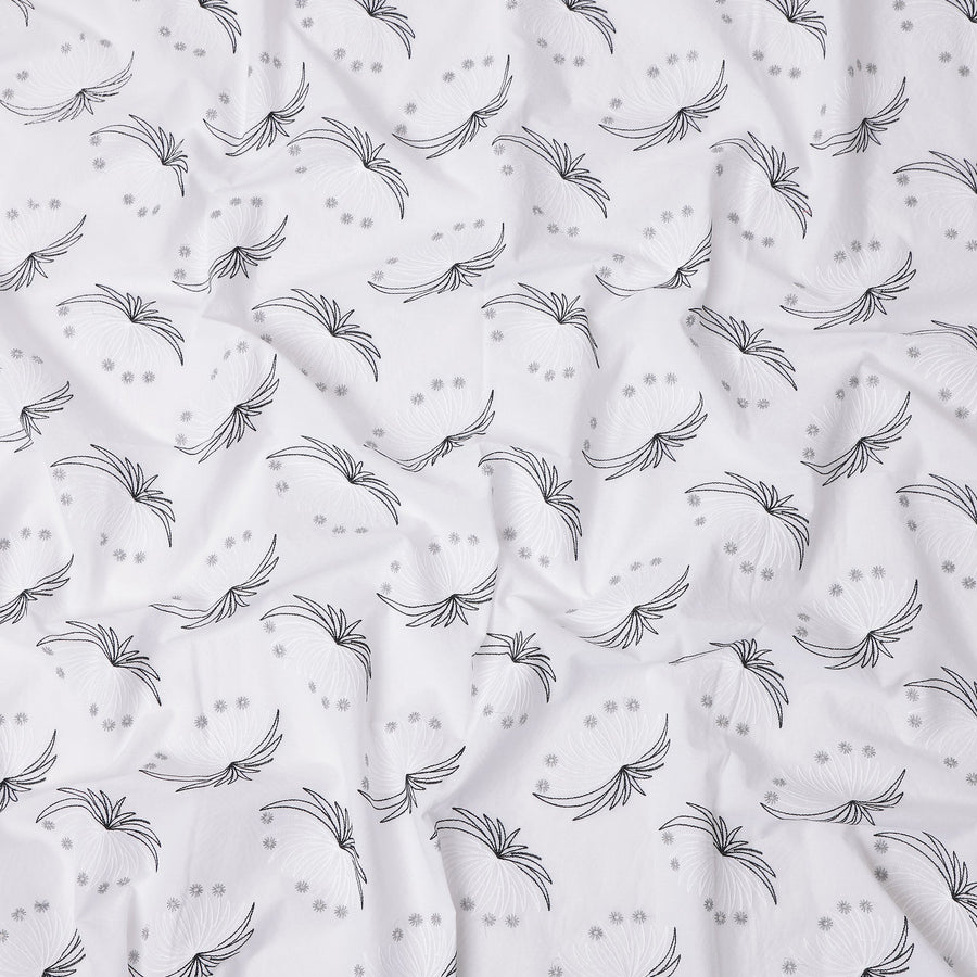 White and Black Abstract Floral Embroidered Cotton Voile Fabric, 110 Cms Width, India-D25195