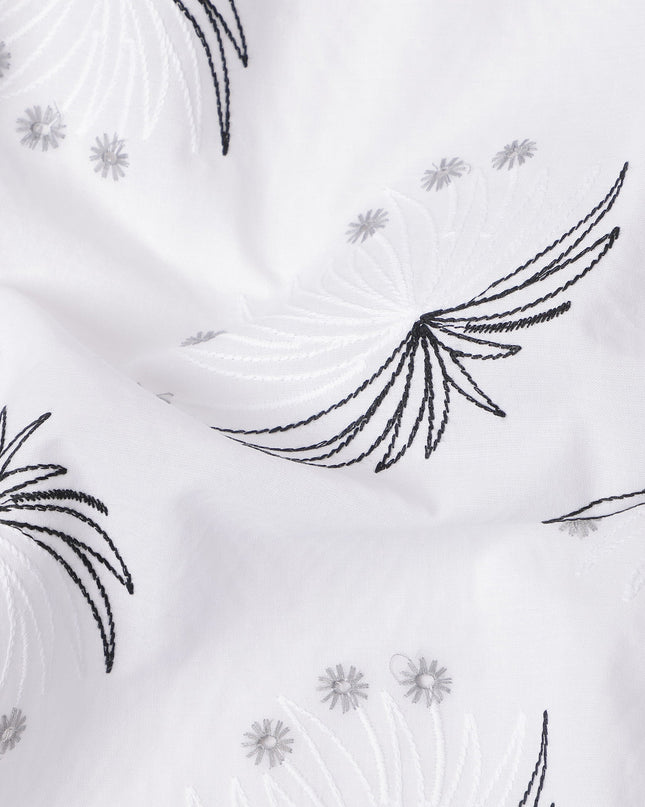 White and Black Abstract Floral Embroidered Cotton Voile Fabric, 110 Cms Width, India-D25195