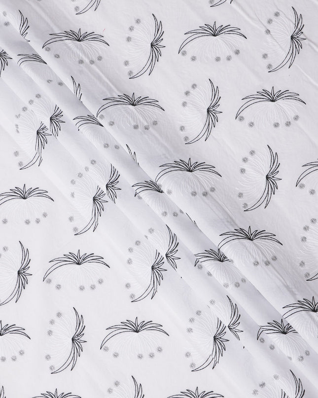 White and Black Abstract Floral Embroidered Cotton Voile Fabric, 110 Cms Width, India-D25195