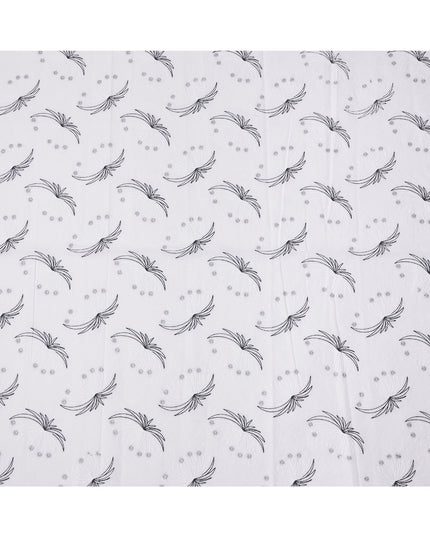 White and Black Abstract Floral Embroidered Cotton Voile Fabric, 110 Cms Width, India-D25195