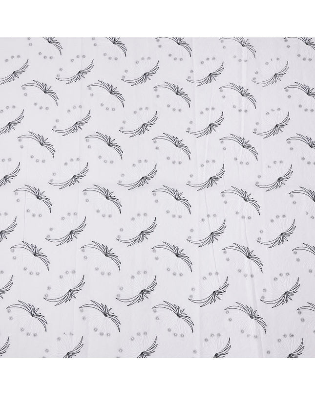 White and Black Abstract Floral Embroidered Cotton Voile Fabric, 110 Cms Width, India-D25195