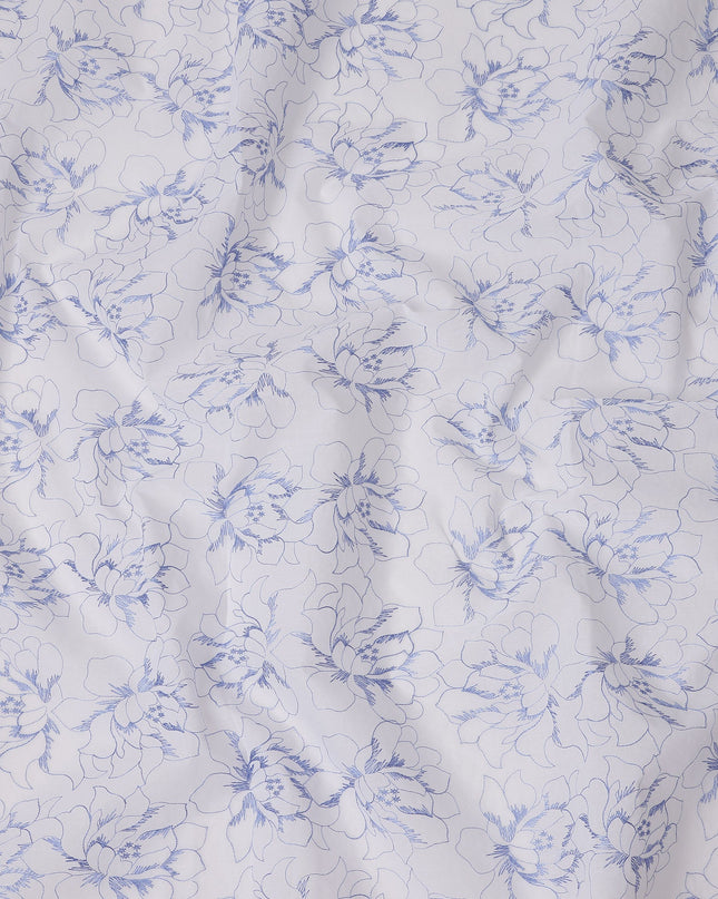 White Cotton Voile Embroidery Fabric with Blue Floral Outline Design, Width 110 Cms, India-D25303