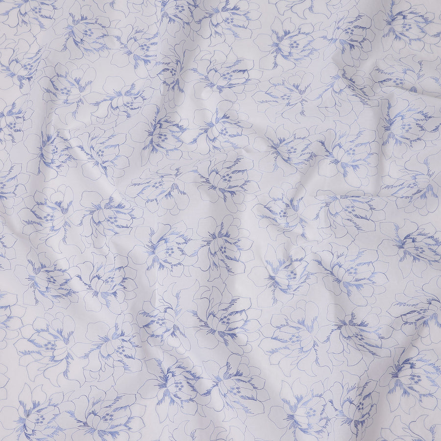White Cotton Voile Embroidery Fabric with Blue Floral Outline Design, Width 110 Cms, India-D25303