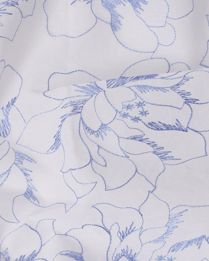 White Cotton Voile Embroidery Fabric with Blue Floral Outline Design, Width 110 Cms, India-D25303
