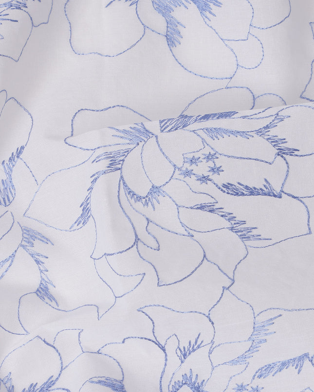White Cotton Voile Embroidery Fabric with Blue Floral Outline Design, Width 110 Cms, India-D25303