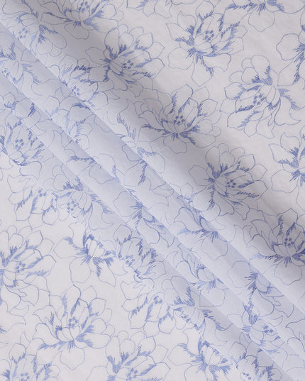 White Cotton Voile Embroidery Fabric with Blue Floral Outline Design, Width 110 Cms, India-D25303