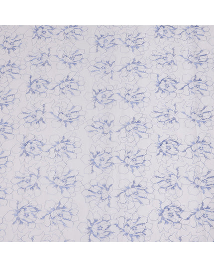 White Cotton Voile Embroidery Fabric with Blue Floral Outline Design, Width 110 Cms, India-D25303