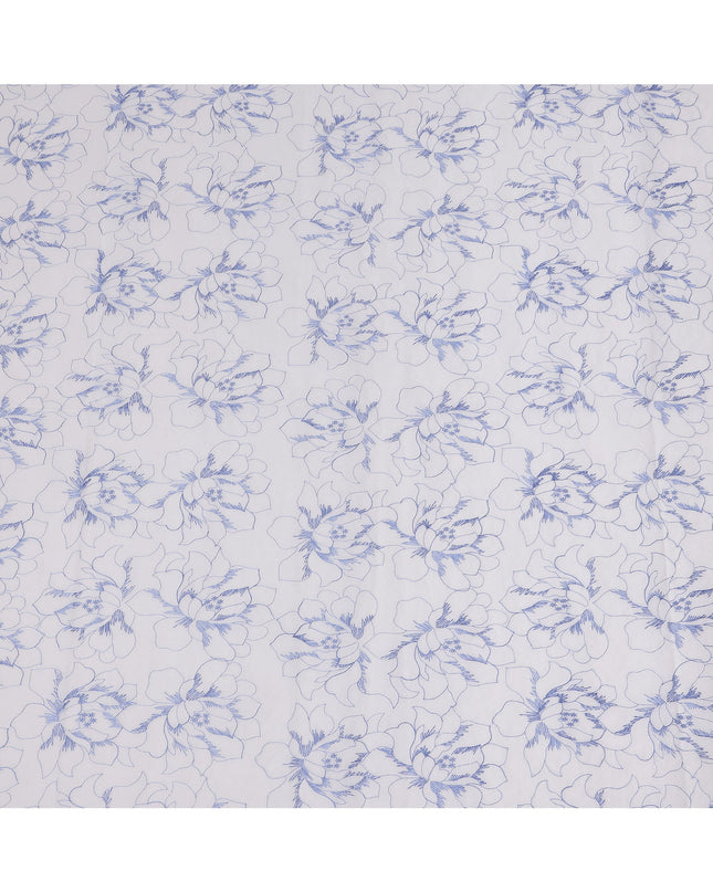 White Cotton Voile Embroidery Fabric with Blue Floral Outline Design, Width 110 Cms, India-D25303