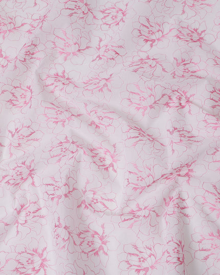 White Cotton Voile Embroidery Fabric with Pink Floral Outline Design, Width 110 Cms, India-D25302