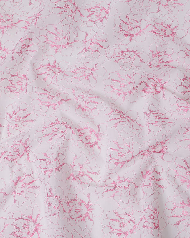 White Cotton Voile Embroidery Fabric with Pink Floral Outline Design, Width 110 Cms, India-D25302