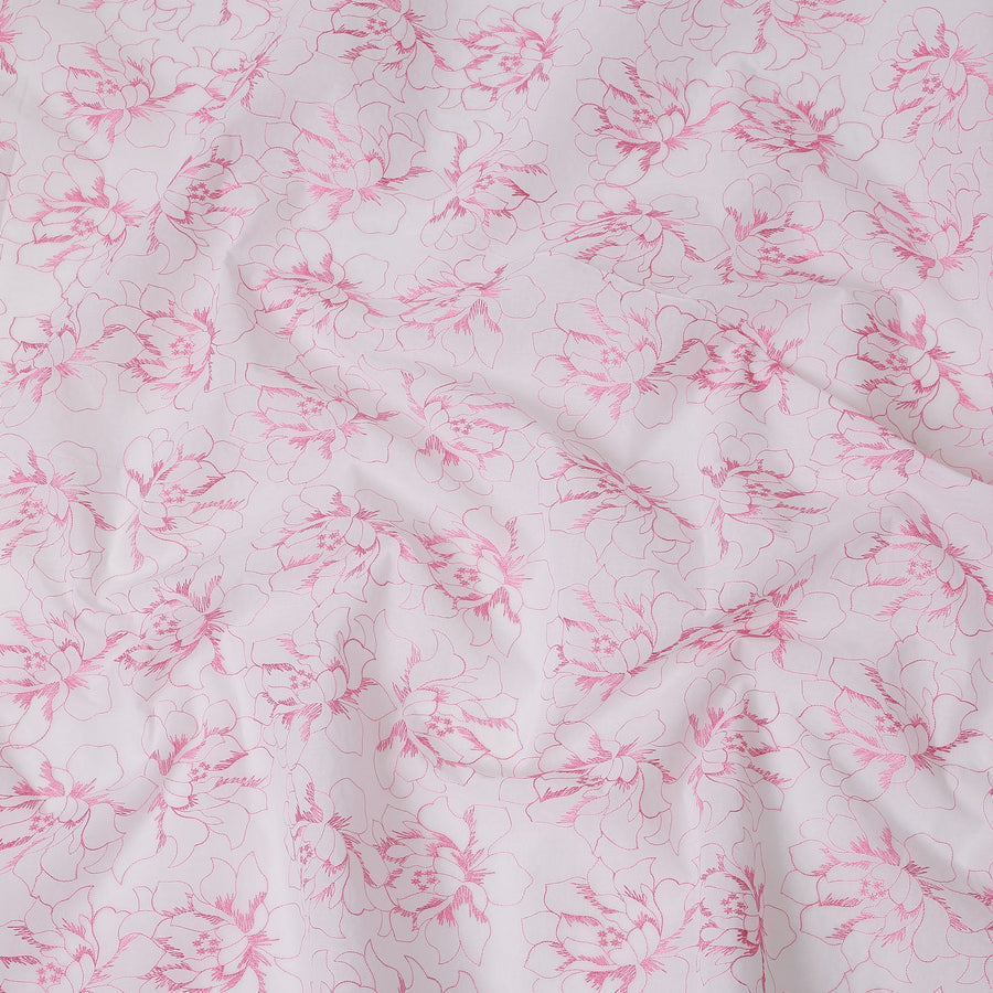 White Cotton Voile Embroidery Fabric with Pink Floral Outline Design, Width 110 Cms, India-D25302