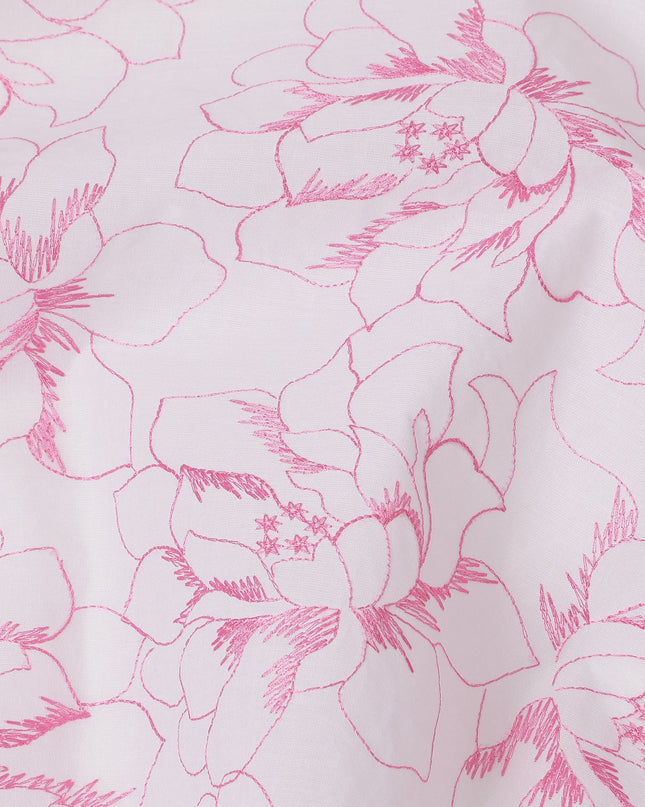 White Cotton Voile Embroidery Fabric with Pink Floral Outline Design, Width 110 Cms, India-D25302