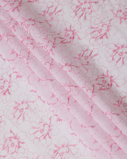 White Cotton Voile Embroidery Fabric with Pink Floral Outline Design, Width 110 Cms, India-D25302
