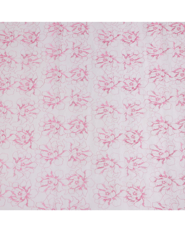 White Cotton Voile Embroidery Fabric with Pink Floral Outline Design, Width 110 Cms, India-D25302
