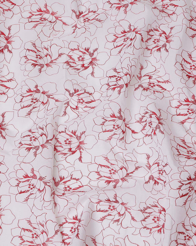 White Cotton Voile Embroidery Fabric with Red Floral Outline Design, Width 110 Cms, India-D25304