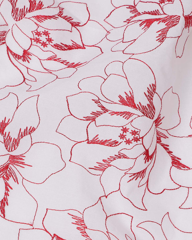 White Cotton Voile Embroidery Fabric with Red Floral Outline Design, Width 110 Cms, India-D25304