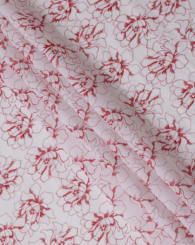 White Cotton Voile Embroidery Fabric with Red Floral Outline Design, Width 110 Cms, India-D25304