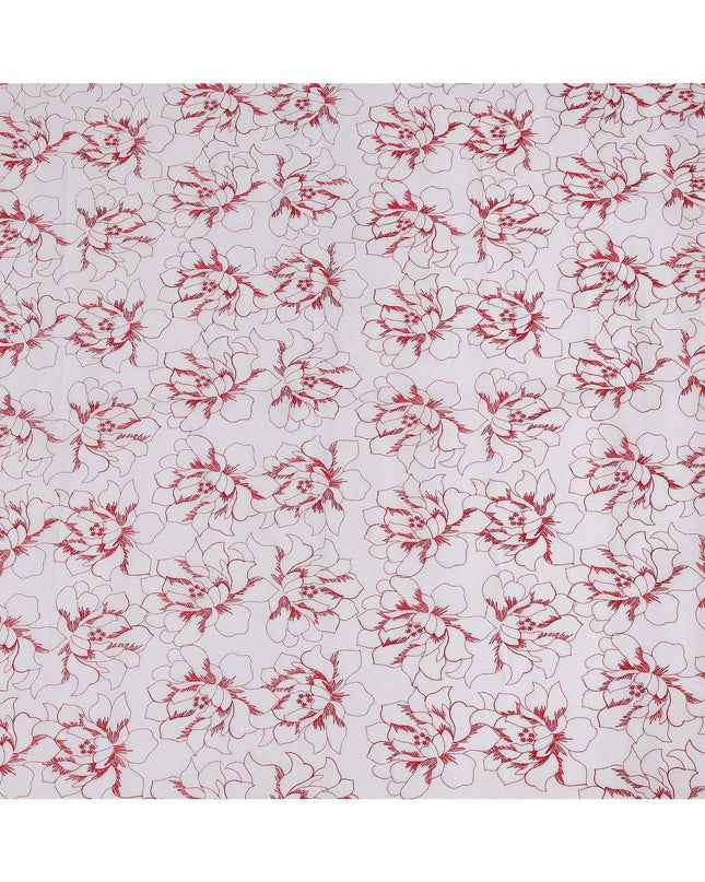 White Cotton Voile Embroidery Fabric with Red Floral Outline Design, Width 110 Cms, India-D25304