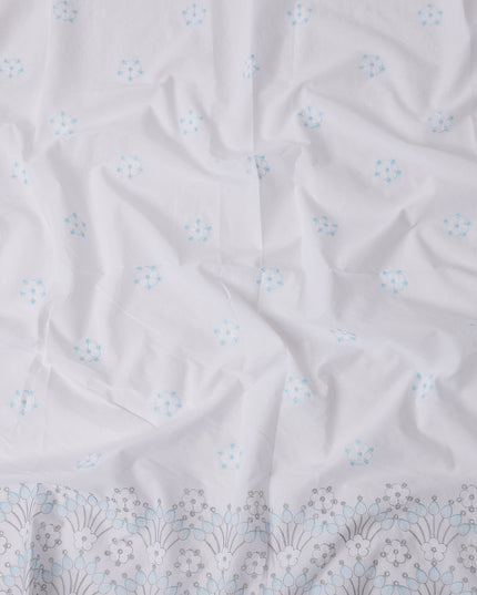 White Floral Embroidered Cotton Voile Fabric with Border Design, 110 Cms Width, India-D25199