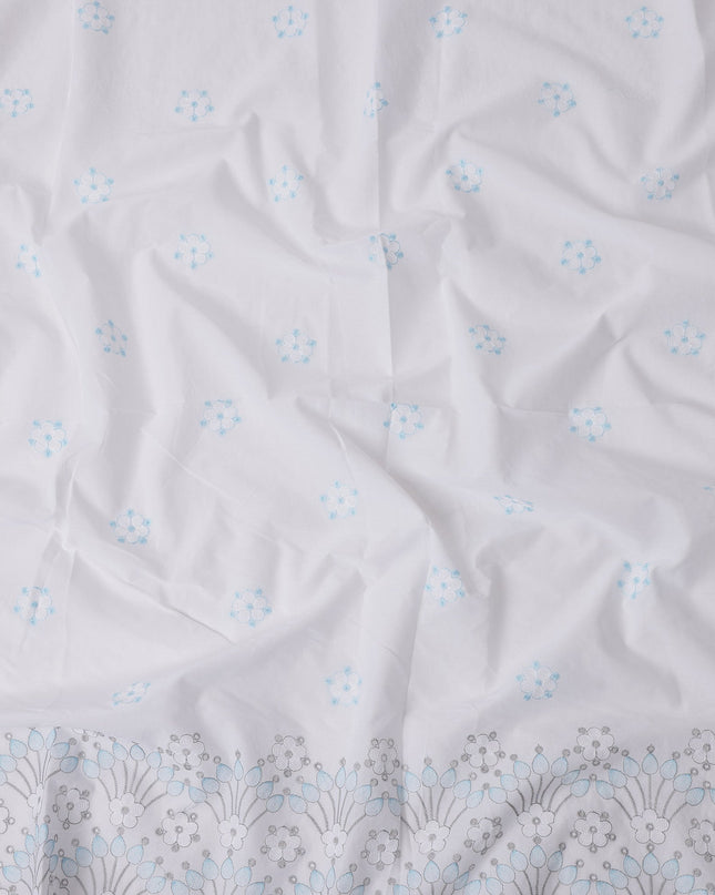 White Floral Embroidered Cotton Voile Fabric with Border Design, 110 Cms Width, India-D25199