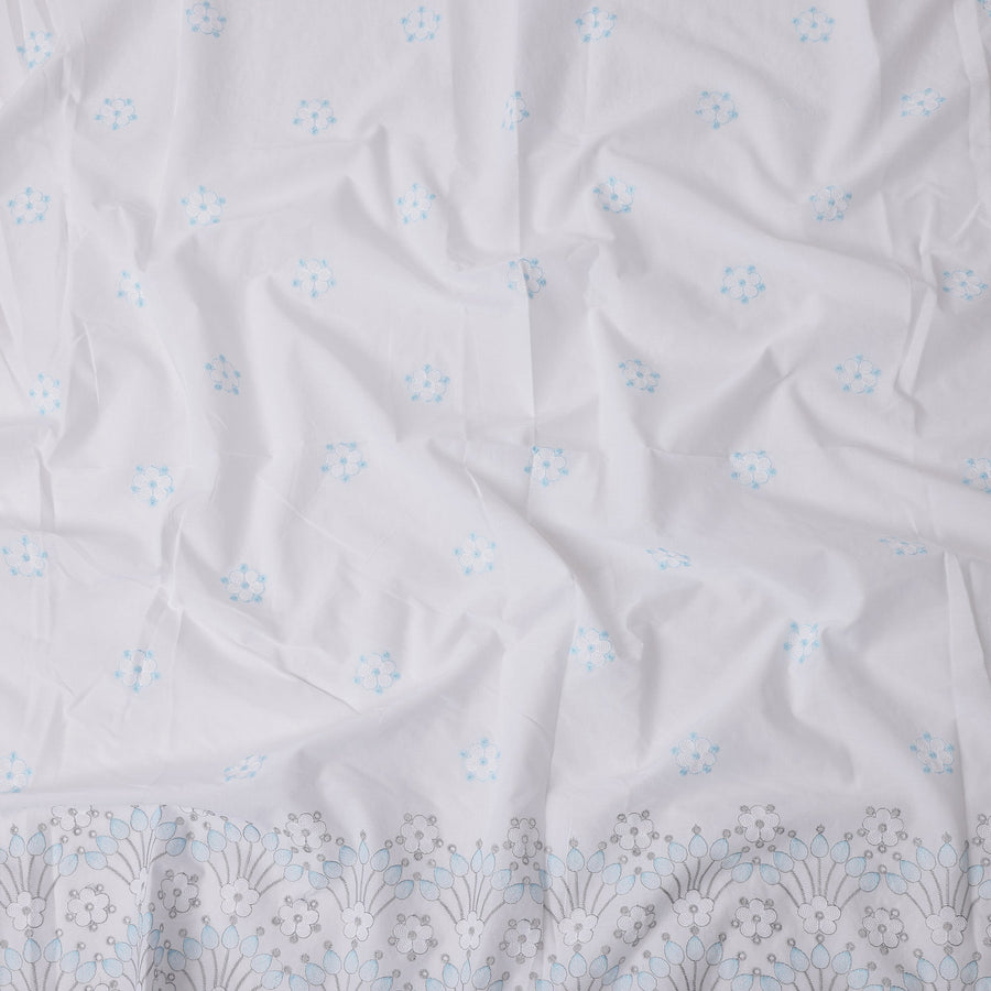 White Floral Embroidered Cotton Voile Fabric with Border Design, 110 Cms Width, India-D25199