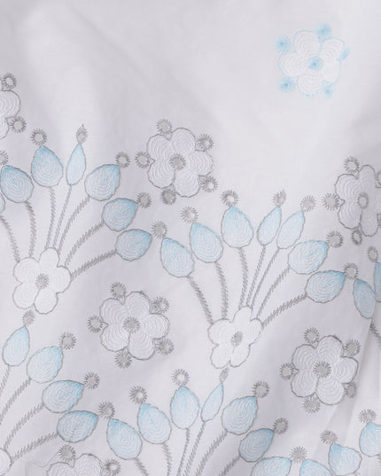 White Floral Embroidered Cotton Voile Fabric with Border Design, 110 Cms Width, India-D25199