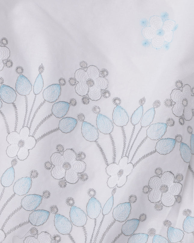 White Floral Embroidered Cotton Voile Fabric with Border Design, 110 Cms Width, India-D25199