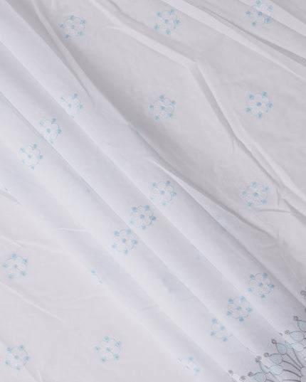 White Floral Embroidered Cotton Voile Fabric with Border Design, 110 Cms Width, India-D25199