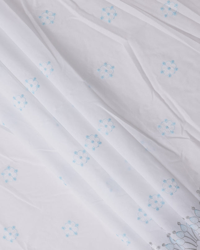 White Floral Embroidered Cotton Voile Fabric with Border Design, 110 Cms Width, India-D25199