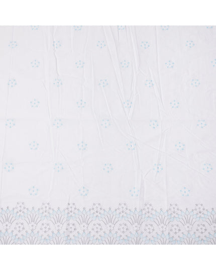 White Floral Embroidered Cotton Voile Fabric with Border Design, 110 Cms Width, India-D25199