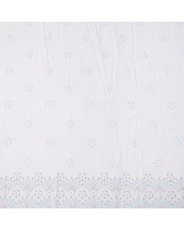 White Floral Embroidered Cotton Voile Fabric with Border Design, 110 Cms Width, India-D25199