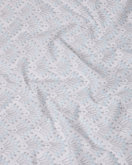 قماش تطريز من القطن الأبيض بتصميم زهور زرقاء ورمادية، عرض 110 سم، الهند - D25301
