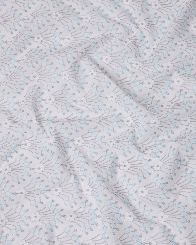 White Cotton Voile Embroidery Fabric with Blue and Grey Floral Motif Design, Width 110 Cms, India-D25301