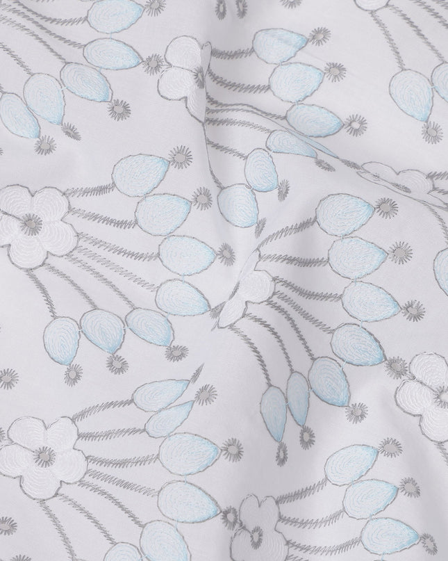 White Cotton Voile Embroidery Fabric with Blue and Grey Floral Motif Design, Width 110 Cms, India-D25301