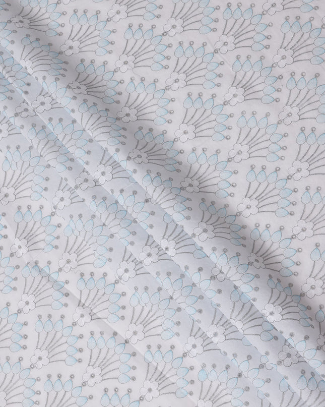 White Cotton Voile Embroidery Fabric with Blue and Grey Floral Motif Design, Width 110 Cms, India-D25301