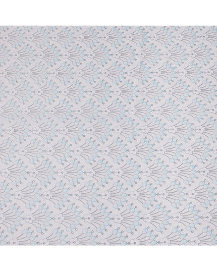 قماش تطريز من القطن الأبيض بتصميم زهور زرقاء ورمادية، عرض 110 سم، الهند - D25301