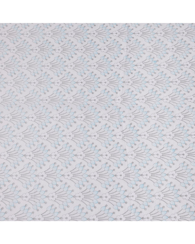 White Cotton Voile Embroidery Fabric with Blue and Grey Floral Motif Design, Width 110 Cms, India-D25301