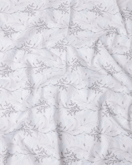 White and Grey Leaf Pattern Embroidered Cotton Voile Fabric, 110 Cms Width, India-D25192