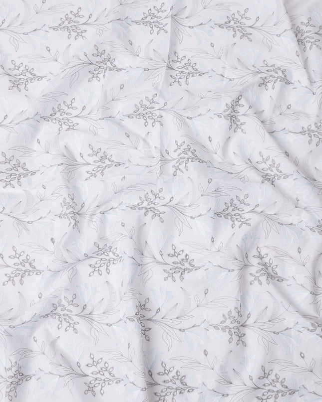 White and Grey Leaf Pattern Embroidered Cotton Voile Fabric, 110 Cms Width, India-D25192