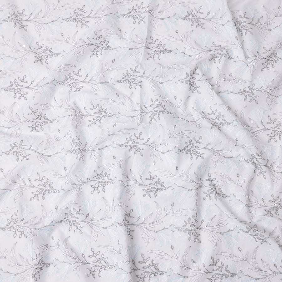 White and Grey Leaf Pattern Embroidered Cotton Voile Fabric, 110 Cms Width, India-D25192