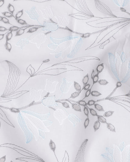 White and Grey Leaf Pattern Embroidered Cotton Voile Fabric, 110 Cms Width, India-D25192