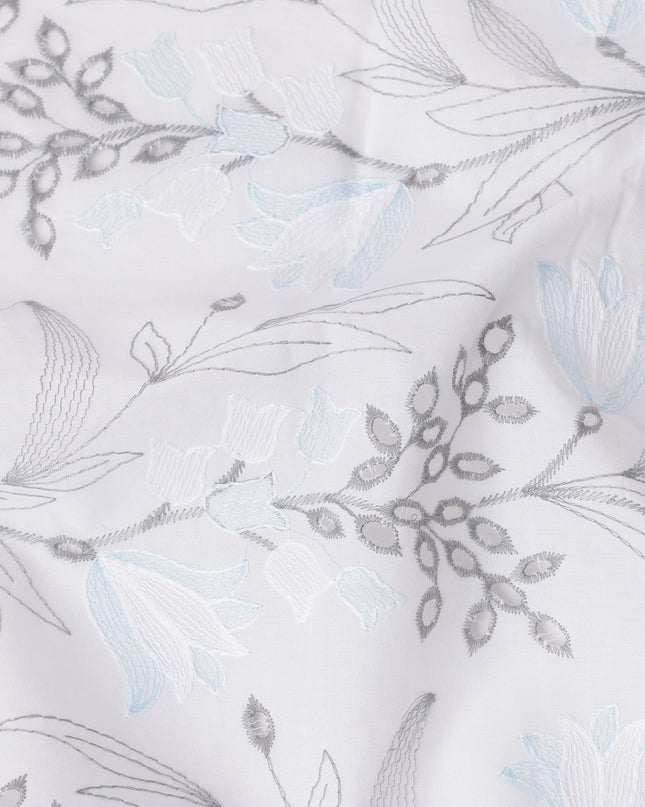 White and Grey Leaf Pattern Embroidered Cotton Voile Fabric, 110 Cms Width, India-D25192