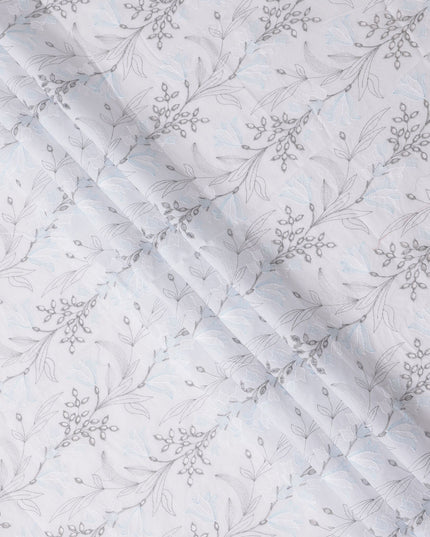 White and Grey Leaf Pattern Embroidered Cotton Voile Fabric, 110 Cms Width, India-D25192