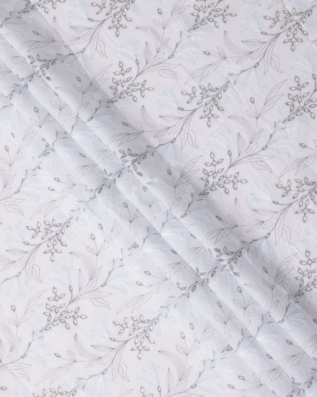 White and Grey Leaf Pattern Embroidered Cotton Voile Fabric, 110 Cms Width, India-D25192