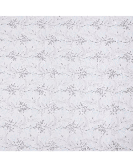 White and Grey Leaf Pattern Embroidered Cotton Voile Fabric, 110 Cms Width, India-D25192