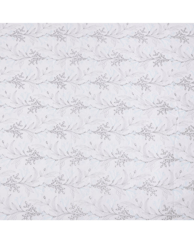 White and Grey Leaf Pattern Embroidered Cotton Voile Fabric, 110 Cms Width, India-D25192