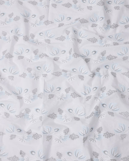 White and Blue Floral Embroidered Cotton Voile Fabric, 110 Cms Width, India-D25189