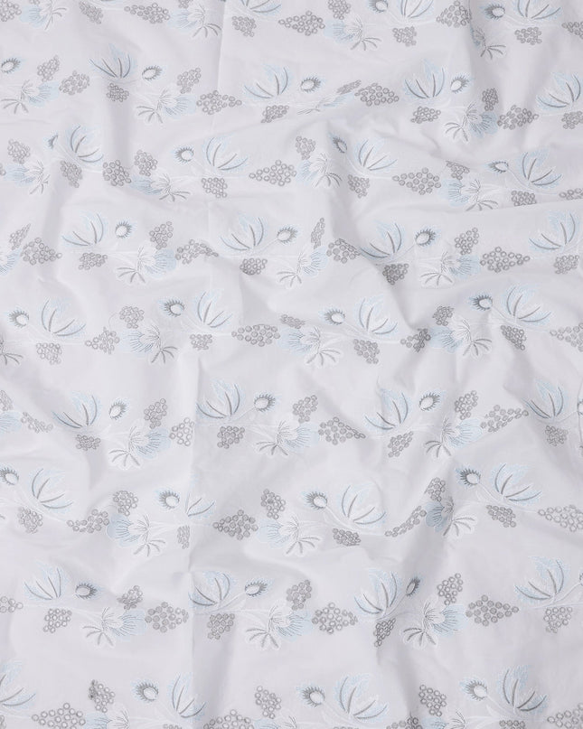 White and Blue Floral Embroidered Cotton Voile Fabric, 110 Cms Width, India-D25189