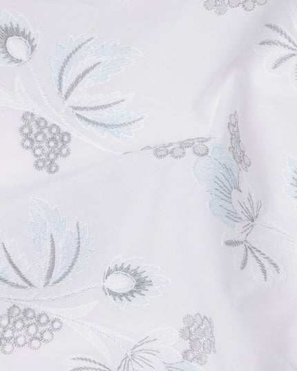 White and Blue Floral Embroidered Cotton Voile Fabric, 110 Cms Width, India-D25189