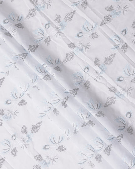 White and Blue Floral Embroidered Cotton Voile Fabric, 110 Cms Width, India-D25189